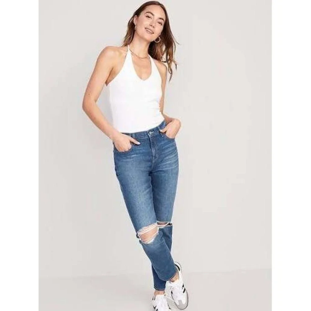 Old Navy 14 Jeans Mid Rise Boyfriend Straight Distressed Ripped Medium Wash Blue
